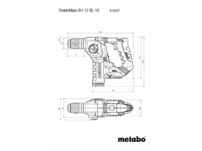 Dimensional drawing Metabowerke BH12BL16 600207800 Rotary and demolition hammer  battery  BH12BL16600207800