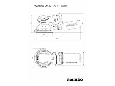 Dimensional drawing Metabowerke PowerMaxxSXA12 125BL Battery random orbital sander