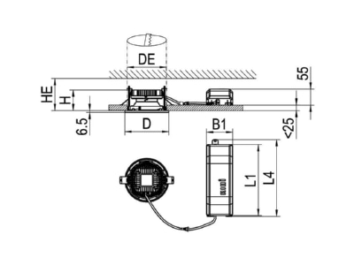 Dimensional drawing Ridi Leuchten EDLR  0321305  377 Downlight 1x7W LED not exchangeable EDLR 0321305  377