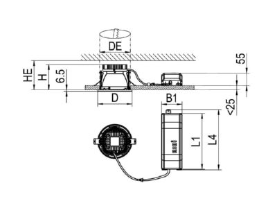 Dimensional drawing Ridi Leuchten EDLR  0321306  377 Downlight 1x7W LED not exchangeable EDLR 0321306  377