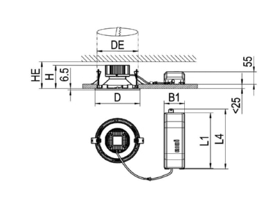 Dimensional drawing Ridi Leuchten EDLR  0321313  377 Downlight 1x7W LED not exchangeable EDLR 0321313  377