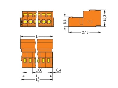 Dimensional drawing WAGO 231 636 Cable connector for printed circuit