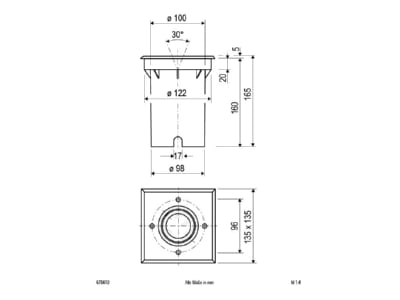 Dimensional drawing EVN 678410 In ground luminaire MV halogen lamp