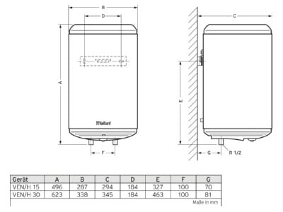 Dimensional drawing Vaillant VEN H 15 Boiler electric