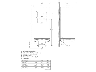 Dimensional drawing Vaillant VEH 100 7 pro Under sink device 100l