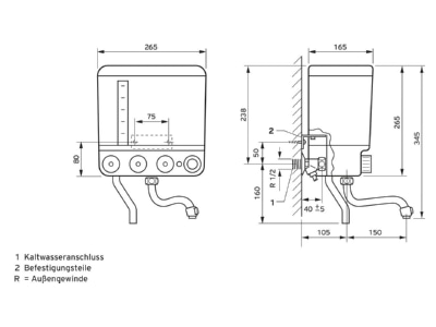 Dimensional drawing Vaillant VEK 5 L ws gr Boiling water unit 5l 2 4kW