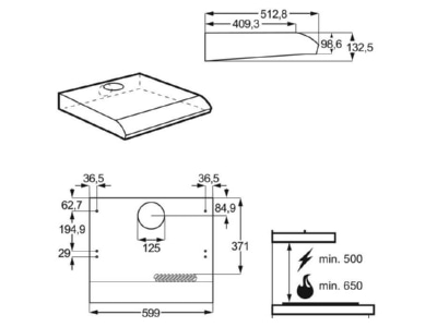 Dimensional drawing Electrolux AEG DUB2610W Lower Easy UB hood 3 stage  Series 2 