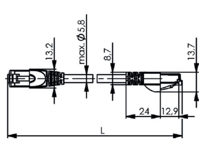 Dimensional drawing Telegaertner L00006A0102 RJ45 8 8  Patch cord Cat 5 15m