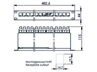Ma�zeichnung 2 Telegaertner AMJ Mod 24PP sw 19Z  Modultraeger sw Cat 6 inkl 24xAMJ Mod 1HE