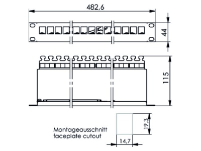 Ma�zeichnung 3 Telegaertner AMJ Mod 24PP sw 19Z  Modultraeger sw Cat 6 inkl 24xAMJ Mod 1HE