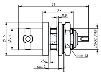 Mazeichnung Telegaertner J01001D1222 BNC Einbaubuchse mit Isolierscheiben