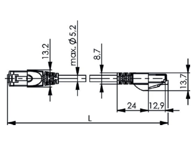 Dimensional drawing Telegaertner L00000A0120 RJ45 8 8  Patch cord 6A  IEC  1m