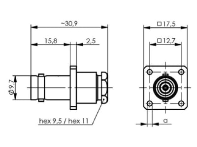 Mazeichnung Telegaertner J01001A0036 BNC Kabeleinbaubuchse 50Ohm loet m Flansch