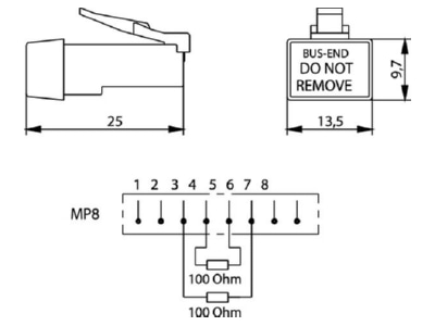 Dimensional drawing Telegaertner J00026A0142 Terminal resistor 100Ohm
