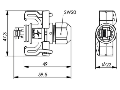 Dimensional drawing Telegaertner J00026A0150 RJ45 8 8  plug
