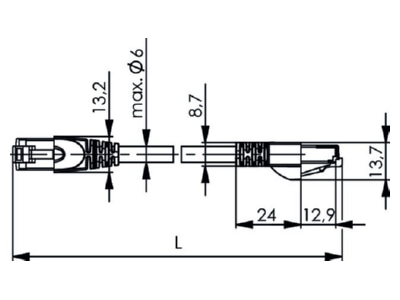 Dimensional drawing Telegaertner L00000A0076 RJ45 8 8  Patch cord 6A  IEC  0 5m