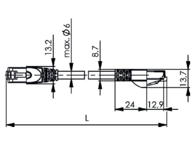 Dimensional drawing Telegaertner L00001A0086 RJ45 8 8  Patch cord 6A  IEC  2m