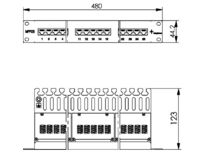 Dimensional drawing Telegaertner MPPISDN 25 H kurz 19 inch ISDN panel 25 port 1U  RAL7035  MPPISDN 25 Hz