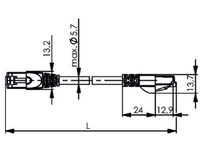 Dimensional drawing Telegaertner L00001D0036 RJ45 8 8  Patch cord Cat 5E 2m