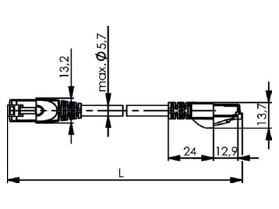 Dimensional drawing Telegaertner 100008378 RJ45 8 8  Patch cord Cat 5E 2m