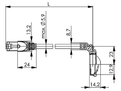Dimensional drawing Telegaertner L00000A0200 RJ45 8 8  Patch cord 6A  IEC  1m
