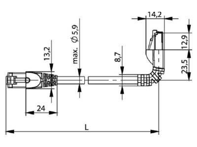 Dimensional drawing Telegaertner L00000A0254 RJ45 8 8  Patch cord 6A  IEC  1m