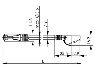 Masszeichnung Telegaertner L00000A0297 Patchkabel U UTP C 6 1 0m MP8 250 LSZH sw 1 1