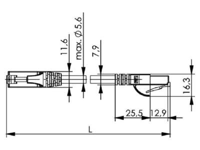 Dimensional drawing Telegaertner 100009036 RJ45 8 8  Patch cord Cat 6 10m