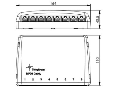 Dimensional drawing Telegaertner J02021A0030 Patch panel copper 8x RJ45 8 8