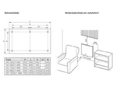 Mazeichnung Vaillant VEI800 1 Elektro Infrarotheizer 800W Panel  weiss