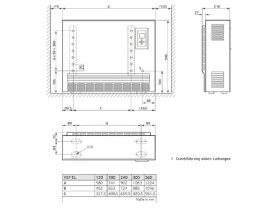 Dimensional drawing Vaillant VSF 120 5 Flat storage heater 0 9   1 2kW