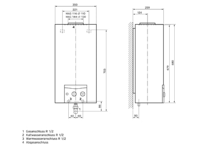 Mazeichnung Vaillant MAG 114 1 G E Gas Gas Durchlaufwasserhitzer fuer Kaminanschluss