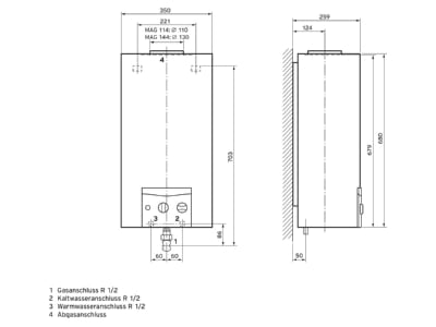 Mazeichnung Vaillant MAG 144 1 G LL Gas Gas Durchlaufwasserhitzer fuer Kaminanschluss