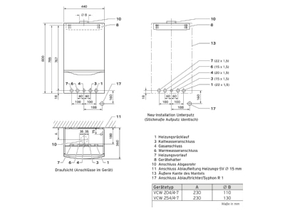 Dimensional drawing Vaillant VCW 254 4 7 A P Wall mounted gas combination boiler