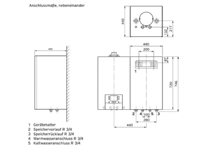 Mazeichnung Vaillant VIH QL 75 2 rechts Warmwasserspeicher Rechtsmontage