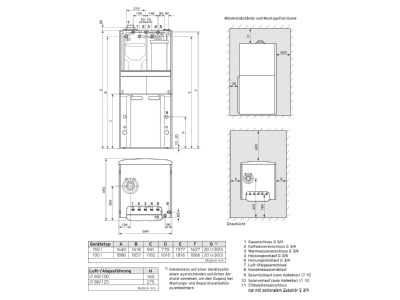 Dimensional drawing Vaillant VSC D 206 4 5 190 E Standing combination boiler  integrated