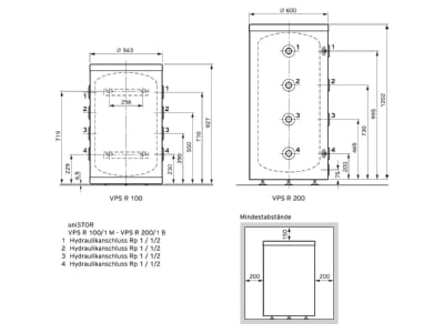 Dimensional drawing Vaillant VPSR100 Storage tank central heating cooling