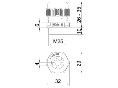 Mazeichnung 2 OBO V TEC VM25 5x4 Kabelverschraubung M25  PA  lichtgrau
