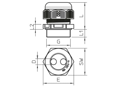 Mazeichnung 1 OBO V TEC VM25 5x4 Kabelverschraubung M25  PA  lichtgrau