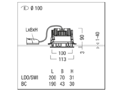Mazeichnung Zumtobel P INF R  60817758 LED Einbauleuchte 2700K P INF R 60817758
