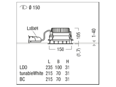 Mazeichnung Zumtobel P INF R  60818059 LED Einbauleuchte 3000K P INF R 60818059