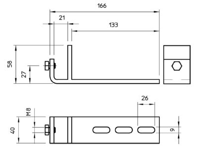 Dimensional drawing 1 OBO BFK 166 58 20 FT Mounting angle bracket for profile rail
