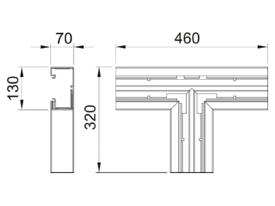 Dimensional drawing 1 OBO GK T70130RW Tee for wall duct 130x70mm RAL9010
