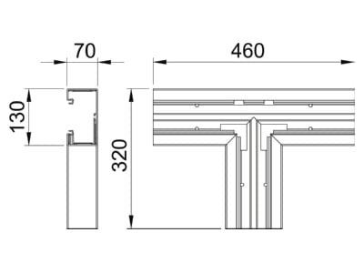 Dimensional drawing 2 OBO GK T70130RW Tee for wall duct 130x70mm RAL9010