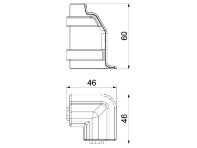 Dimensional drawing OBO SLL AE2050 rws Outer elbow for baseboard wireway