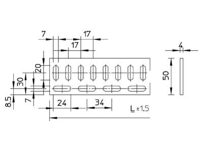 Dimensional drawing 1 OBO FESP QL 50 4 BK Rung for cable ladder FESP Q 50 4 BK
