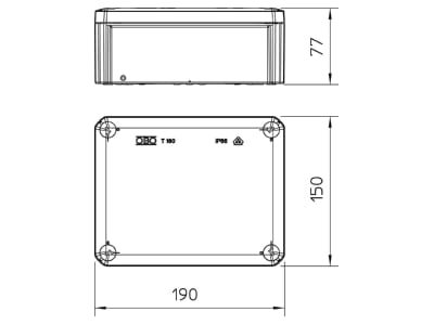 Mazeichnung 2 OBO T 160 OE Kabelabzweigkasten 190x150x77