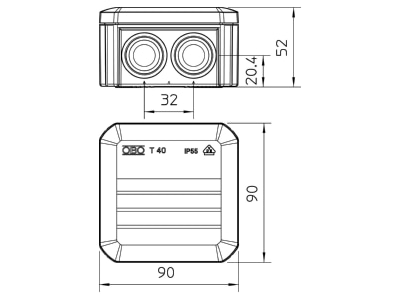 Mazeichnung 2 OBO T 40 F Kabelabzweigkasten 90x90x52