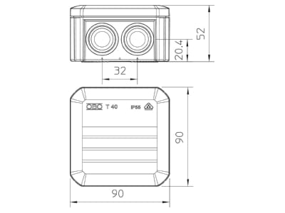 Mazeichnung 3 OBO T 40 F Kabelabzweigkasten 90x90x52