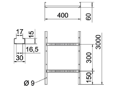 Ma�zeichnung 2 OBO LG 640 VS 3 FS Kabelleiter gelocht VS Sp 60x400x3000